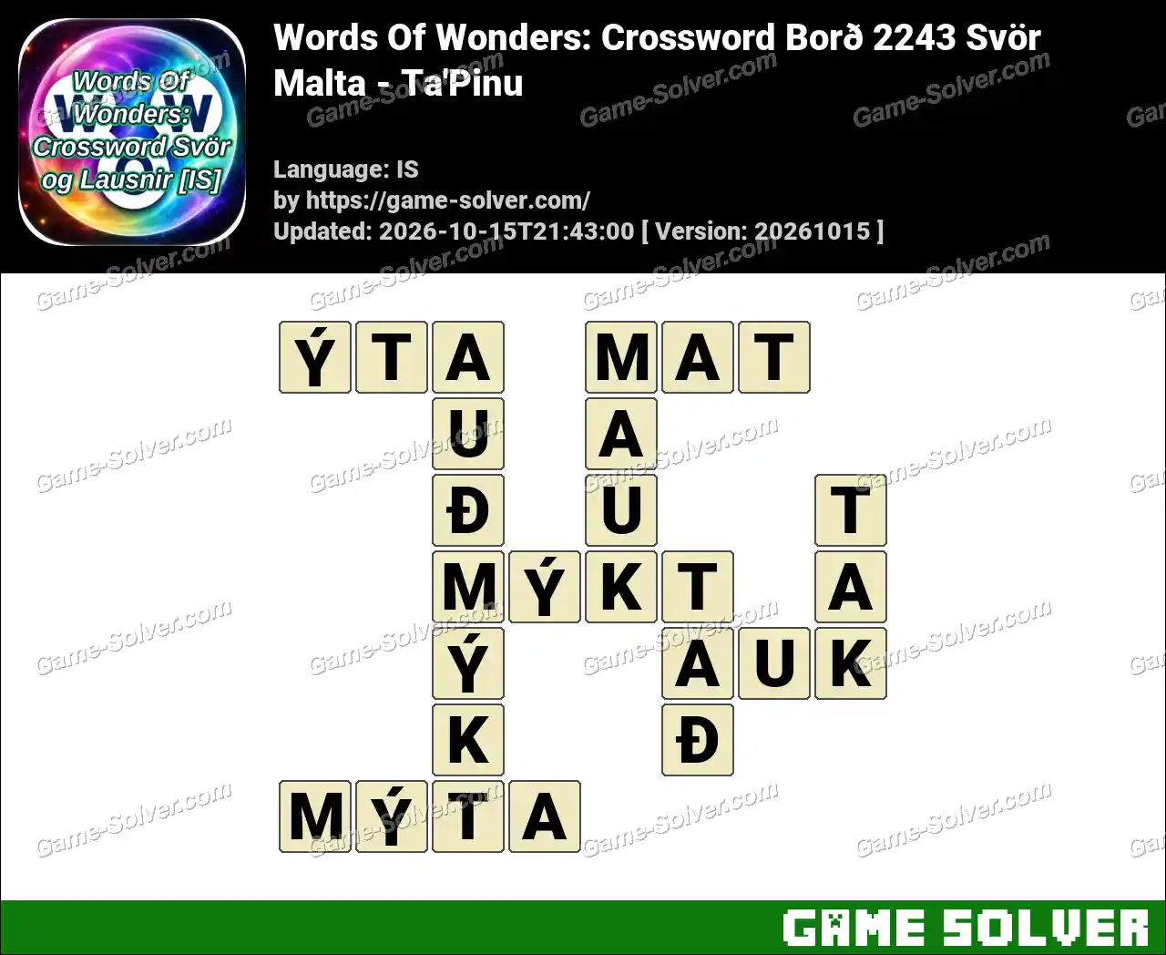 Words Of Wonders: Crossword Borð 2243 Svör – Malta – Ta’Pinu